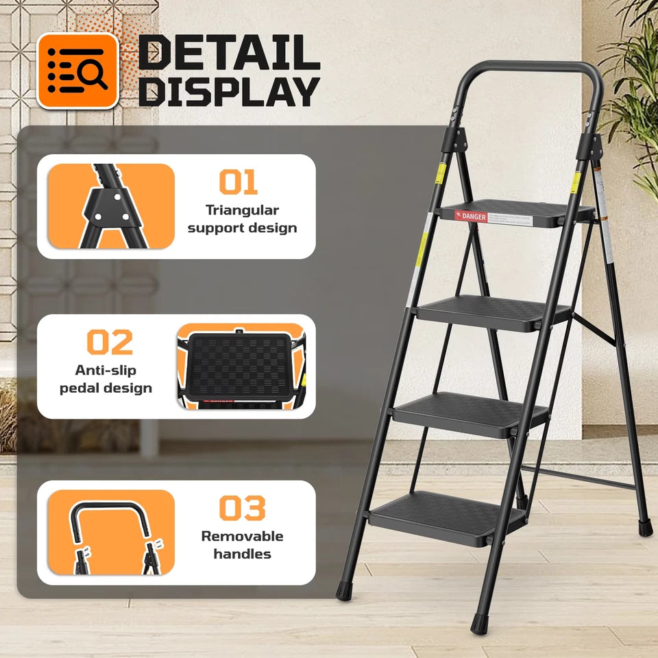 4-Step Folding Step Ladder Stool with Handgrip & Anti-Slip Pedals